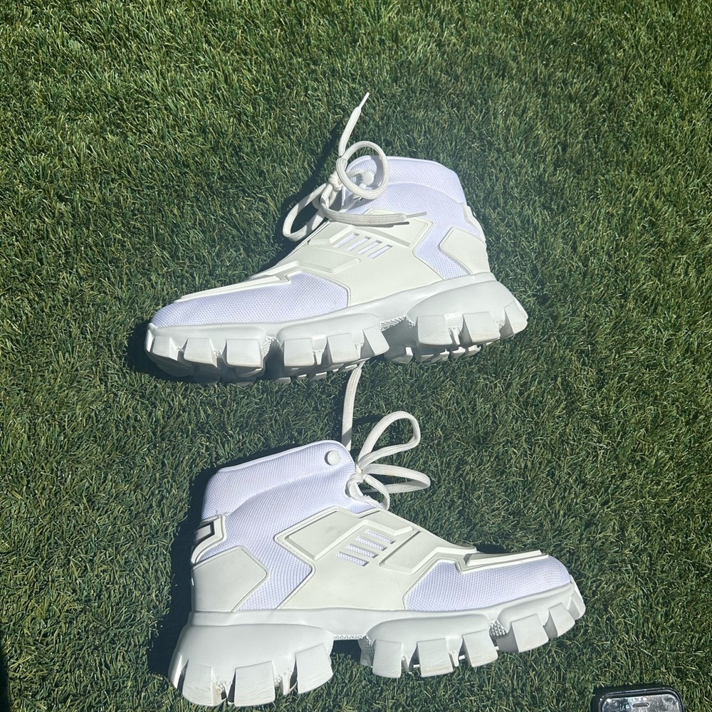Prada White Lace-Up High Top Sneakers